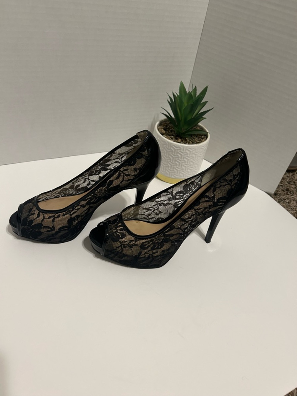 Guess Black Lace Peep-Toe Stiletto Heels